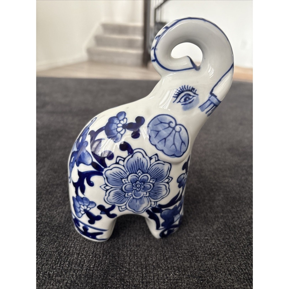 Elephant Figurine Blue White Trunk Up Asian Floral Design 7.25"